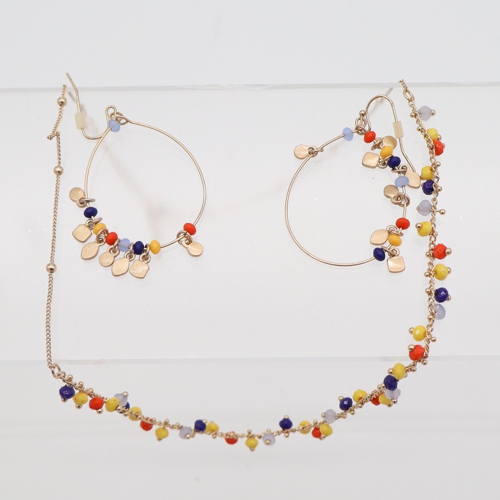 Boho Gold Tone Multi Color Seed Bead Necklace and Hoop Earring Jewelry Set